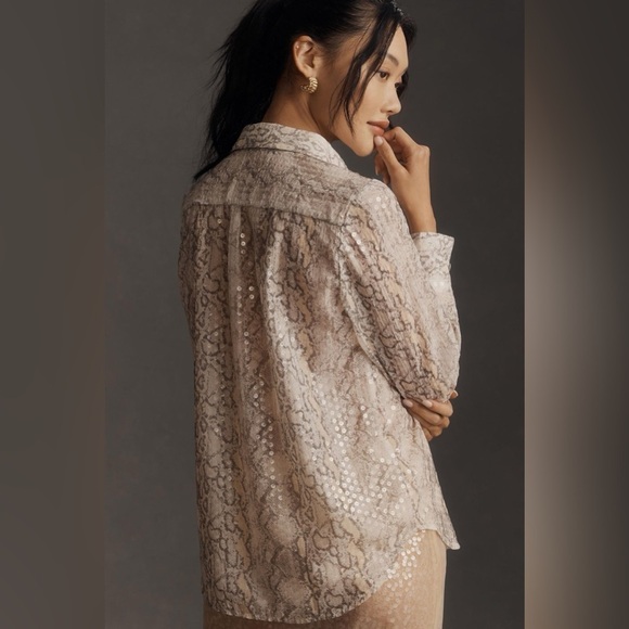 NWT Size SP - By Anthropologie Printed Sequin Sheer Buttondown Shirt - Picture 2 of 12